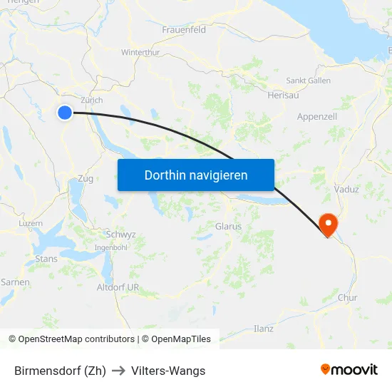 Birmensdorf (Zh) to Vilters-Wangs map