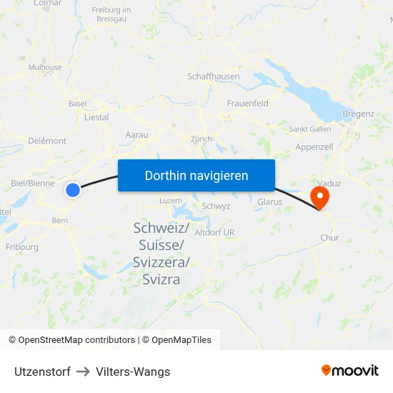Utzenstorf to Vilters-Wangs map