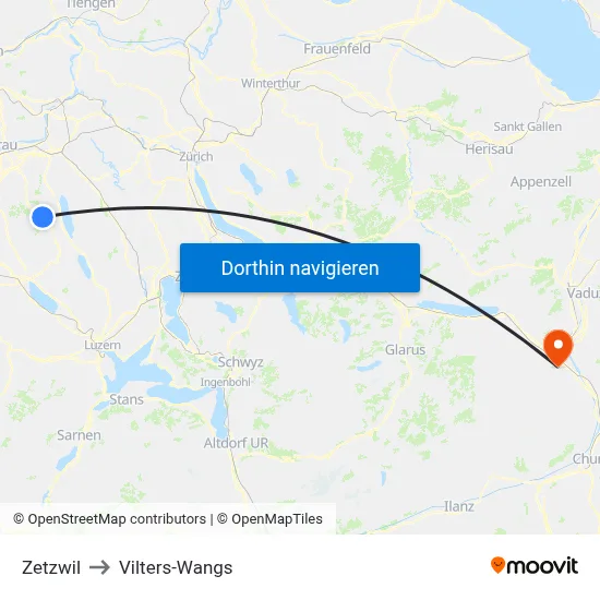 Zetzwil to Vilters-Wangs map