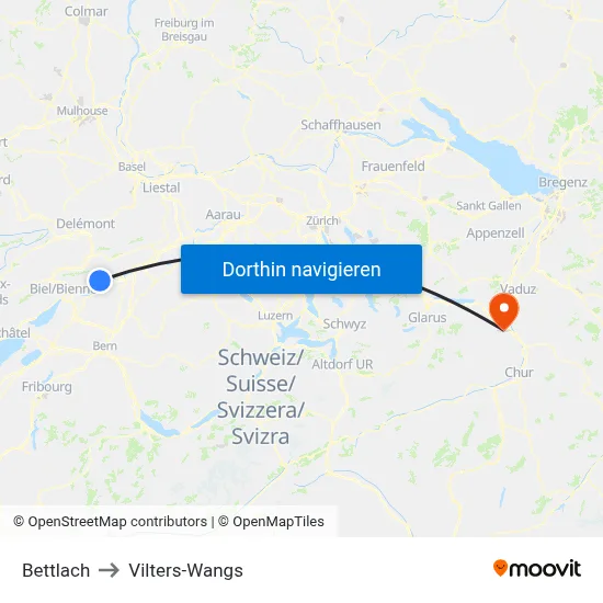 Bettlach to Vilters-Wangs map