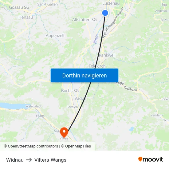 Widnau to Vilters-Wangs map