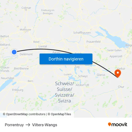Porrentruy to Vilters-Wangs map