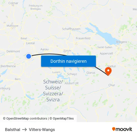 Balsthal to Vilters-Wangs map
