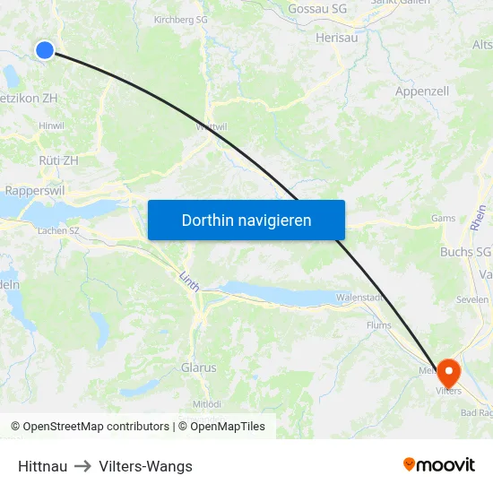 Hittnau to Vilters-Wangs map