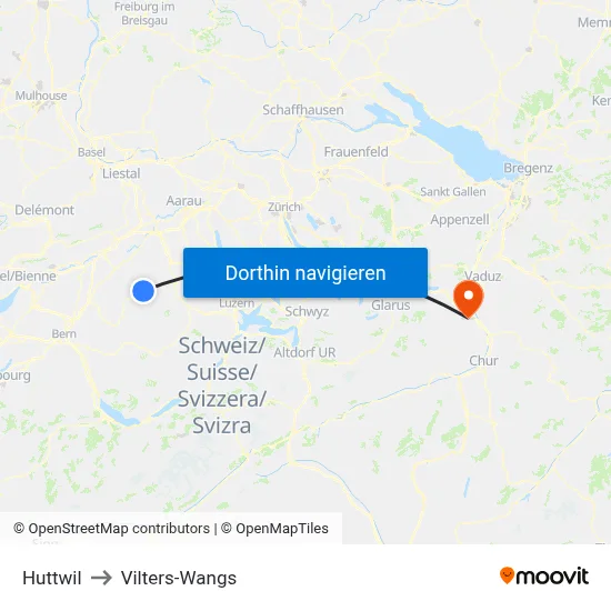 Huttwil to Vilters-Wangs map