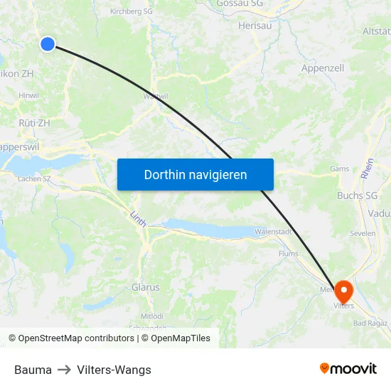 Bauma to Vilters-Wangs map