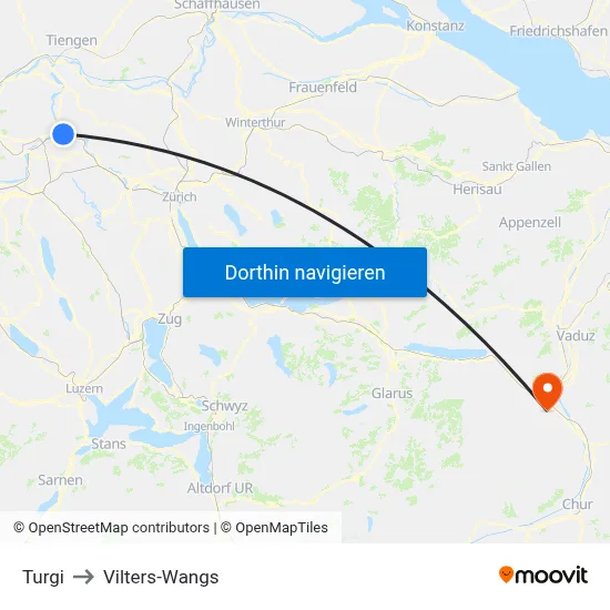 Turgi to Vilters-Wangs map
