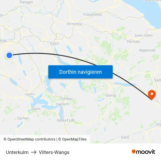 Unterkulm to Vilters-Wangs map
