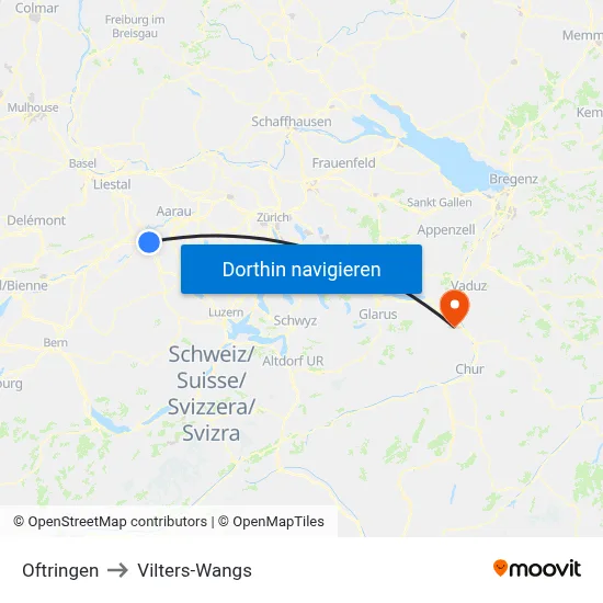 Oftringen to Vilters-Wangs map