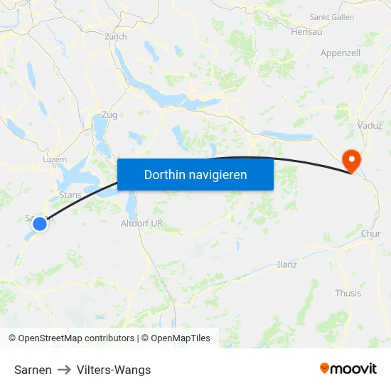 Sarnen to Vilters-Wangs map