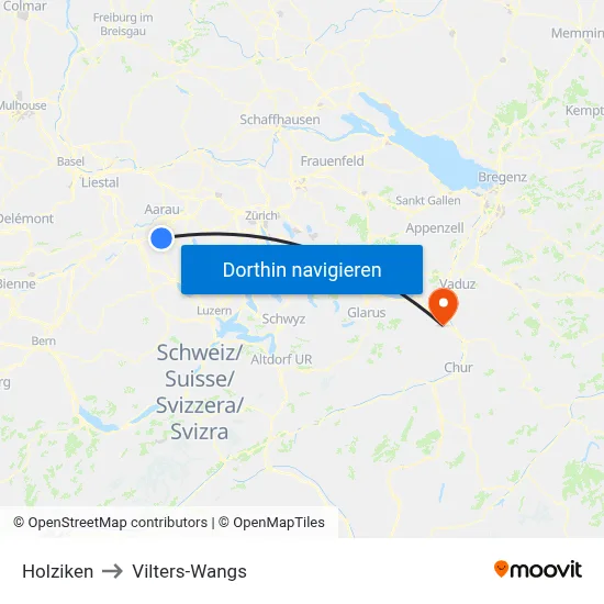 Holziken to Vilters-Wangs map