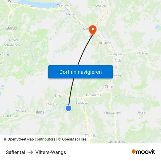 Safiental to Vilters-Wangs map