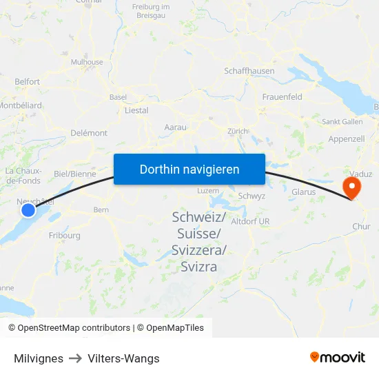 Milvignes to Vilters-Wangs map