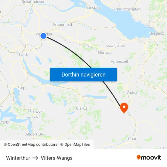 Winterthur to Vilters-Wangs map