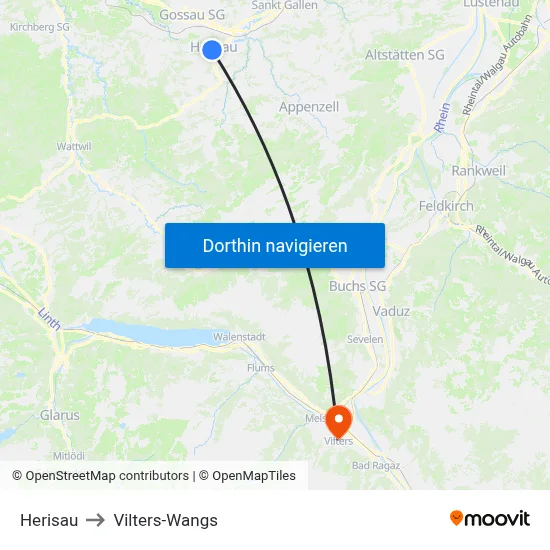 Herisau to Vilters-Wangs map