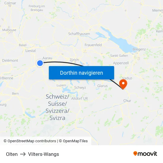 Olten to Vilters-Wangs map