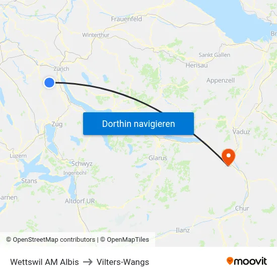 Wettswil AM Albis to Vilters-Wangs map