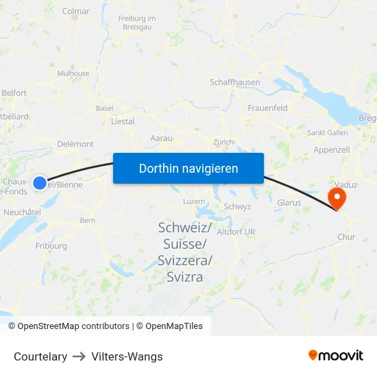 Courtelary to Vilters-Wangs map