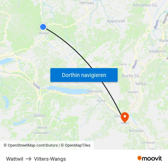 Wattwil to Vilters-Wangs map