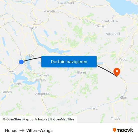Honau to Vilters-Wangs map