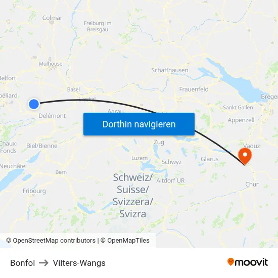 Bonfol to Vilters-Wangs map