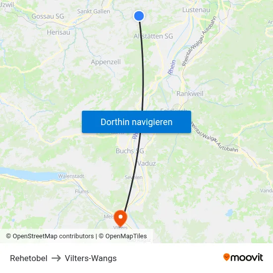 Rehetobel to Vilters-Wangs map