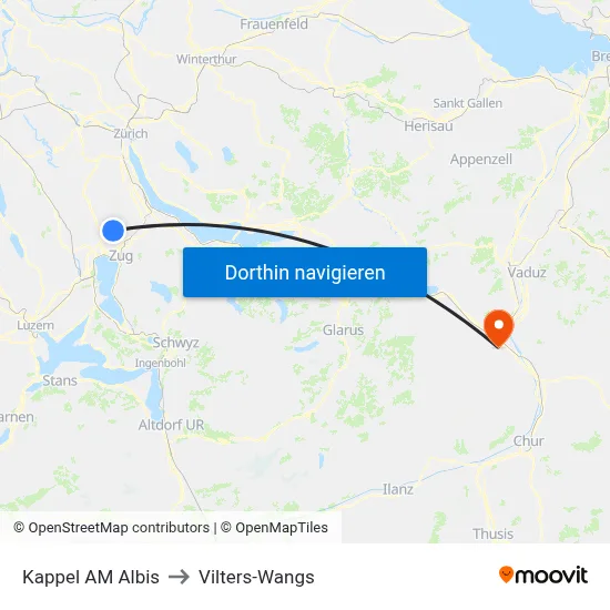 Kappel AM Albis to Vilters-Wangs map