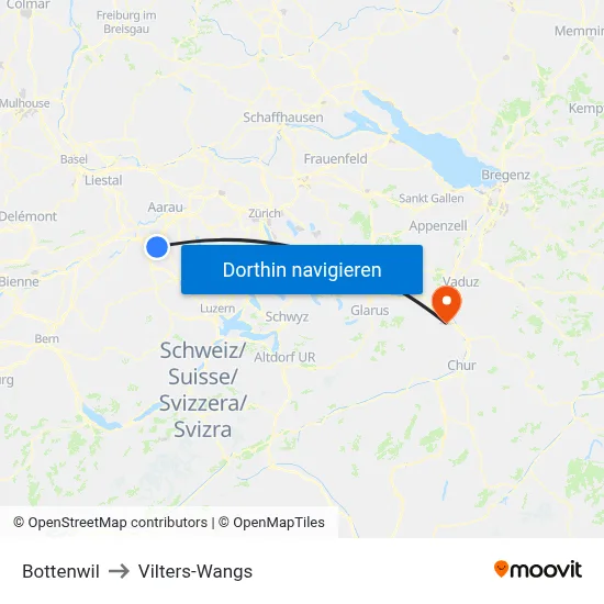 Bottenwil to Vilters-Wangs map