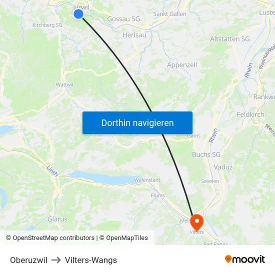 Oberuzwil to Vilters-Wangs map