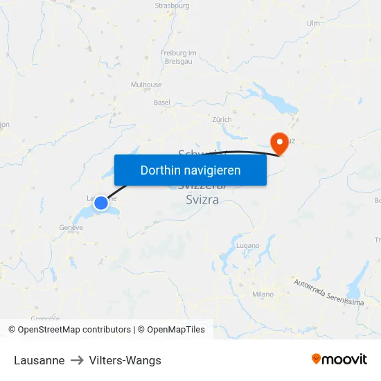 Lausanne to Vilters-Wangs map