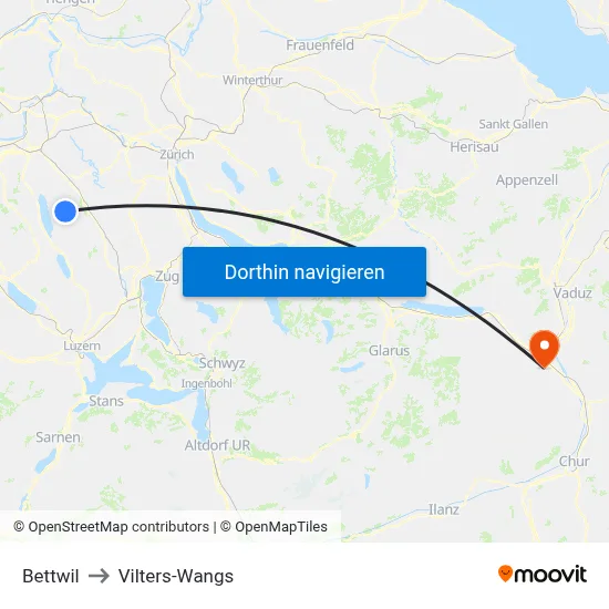 Bettwil to Vilters-Wangs map