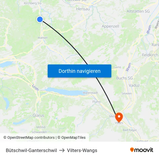 Bütschwil-Ganterschwil to Vilters-Wangs map