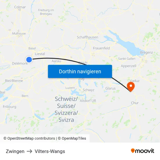 Zwingen to Vilters-Wangs map