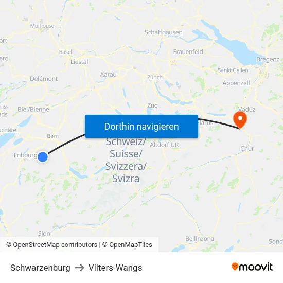Schwarzenburg to Vilters-Wangs map