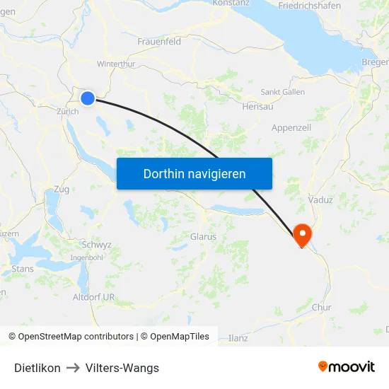 Dietlikon to Vilters-Wangs map