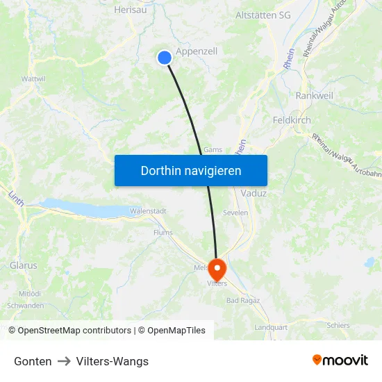 Gonten to Vilters-Wangs map