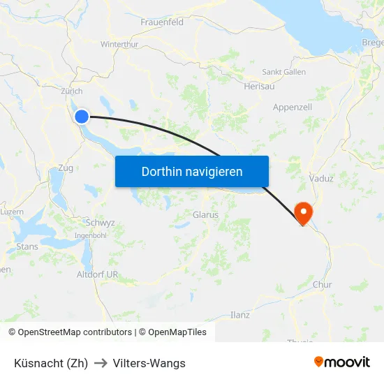 Küsnacht (Zh) to Vilters-Wangs map
