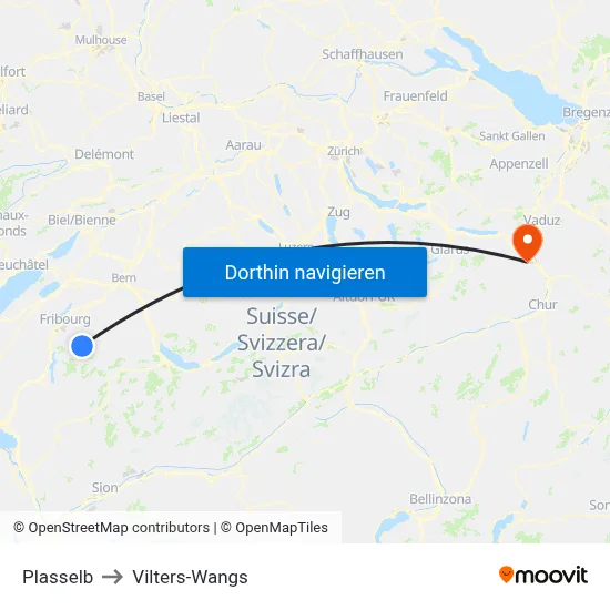 Plasselb to Vilters-Wangs map
