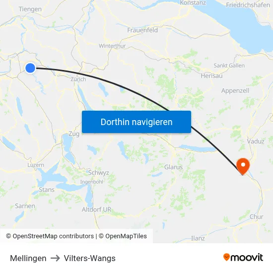 Mellingen to Vilters-Wangs map