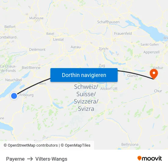 Payerne to Vilters-Wangs map