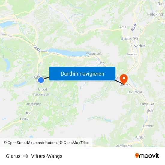 Glarus to Vilters-Wangs map
