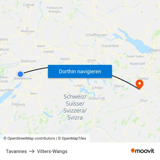Tavannes to Vilters-Wangs map