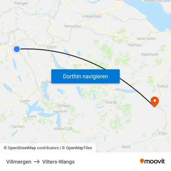 Villmergen to Vilters-Wangs map