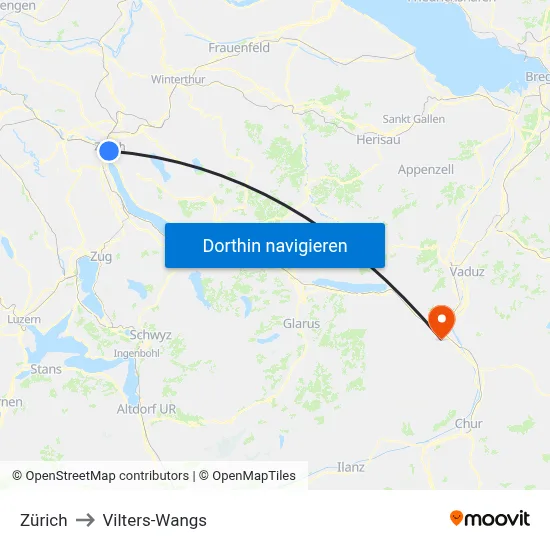 Zürich to Vilters-Wangs map