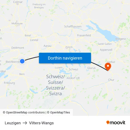 Leuzigen to Vilters-Wangs map
