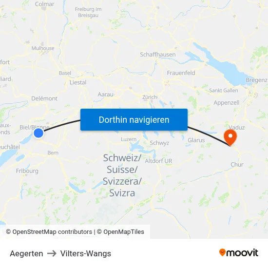 Aegerten to Vilters-Wangs map