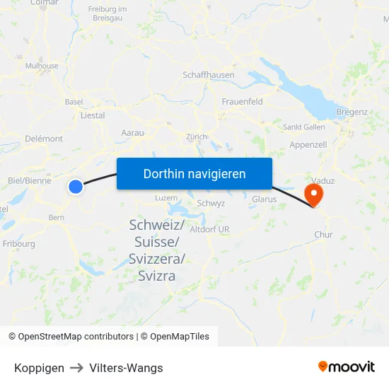 Koppigen to Vilters-Wangs map