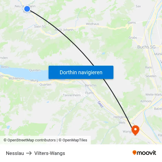 Nesslau to Vilters-Wangs map