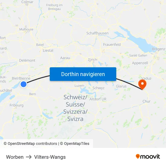 Worben to Vilters-Wangs map