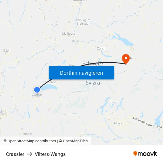 Crassier to Vilters-Wangs map